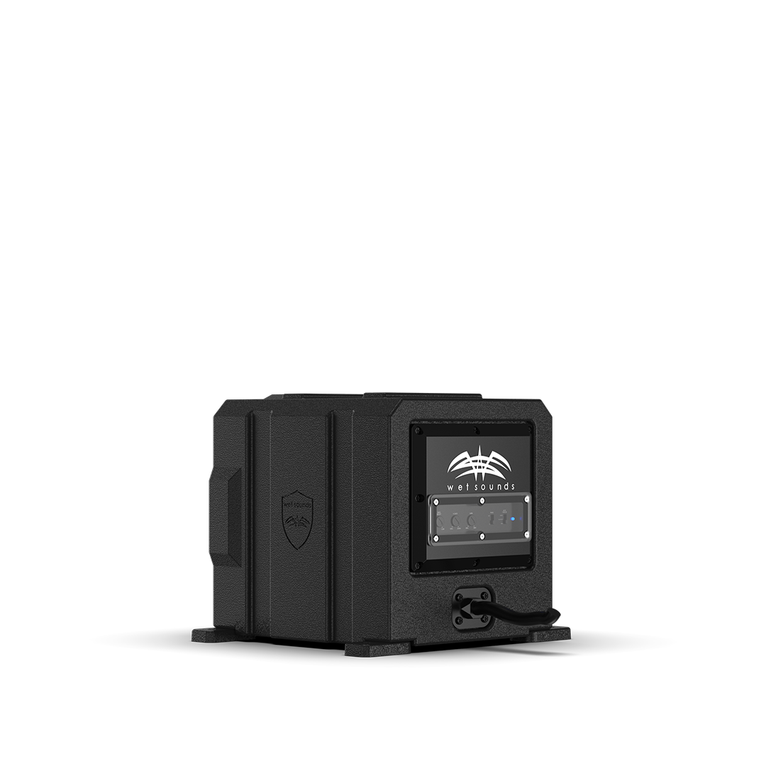 Stealth AS Series 6.5 inch subwoofer showing integrated amplifier and sealed weather-resistant design