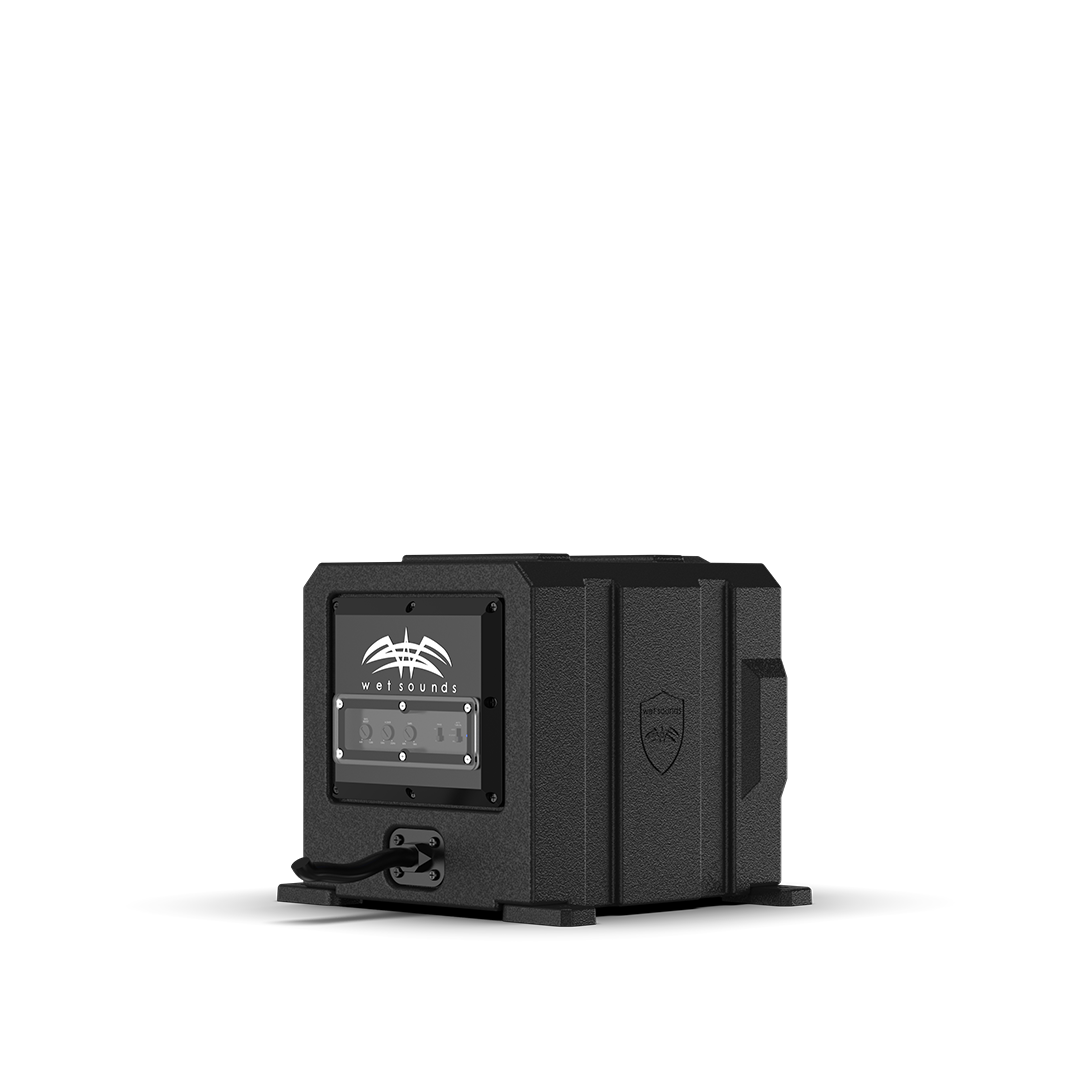 Compact all-in-one subwoofer enclosure designed for deep bass in harsh environments