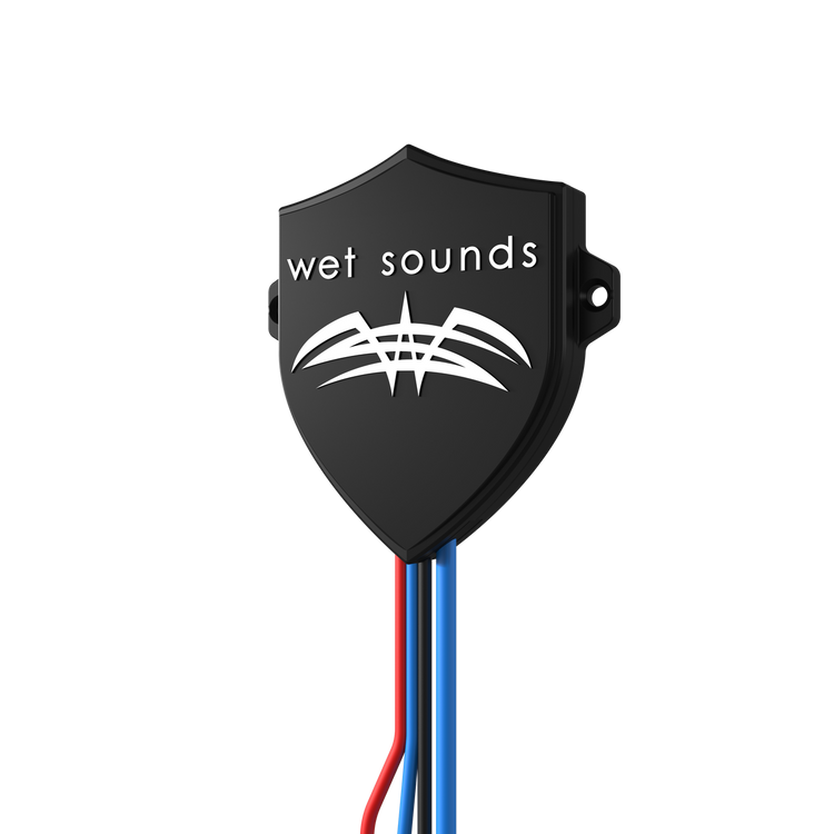 Close-up of Wet Sounds Bluetooth receiver showing LED indicator lights for pairing and amp status