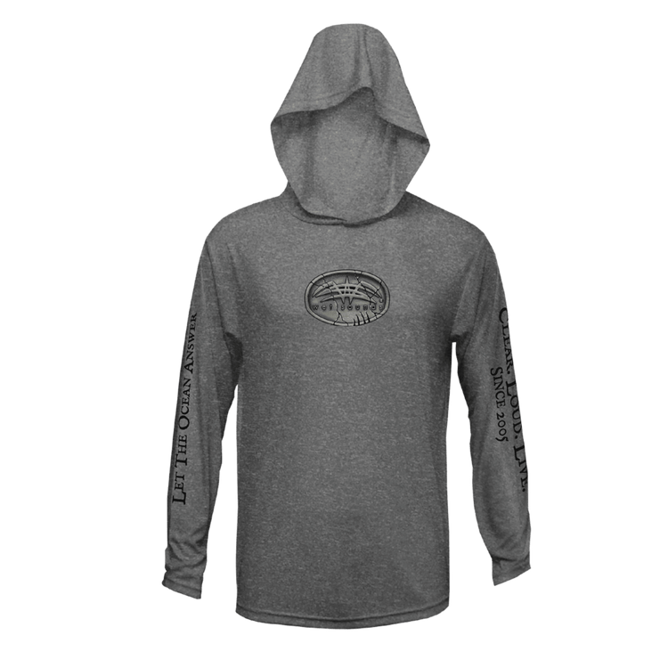 Front view of Wet Sounds men’s gray UV protection fishing hoodie with chest logo