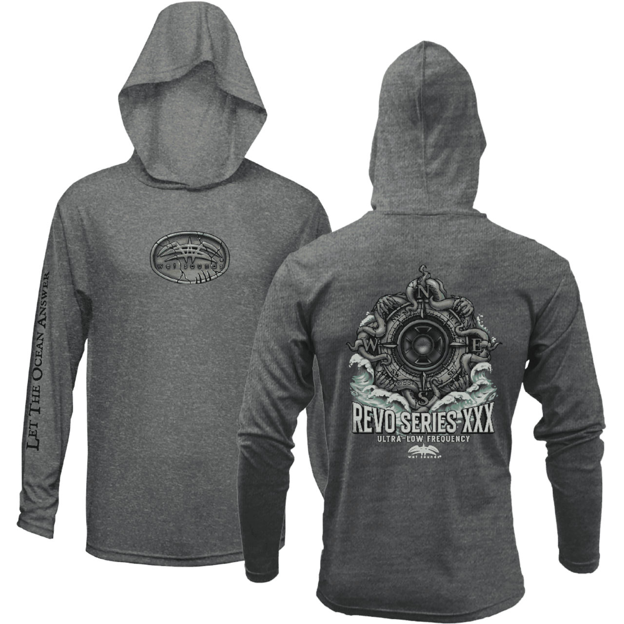 Wet Sounds gray UPF 50+ performance fishing hoodie showing front and back graphic designs