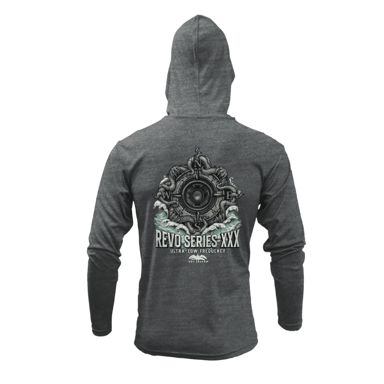 Back view of Wet Sounds gray performance fishing hoodie with REVO XXX inspired graphic artwork
