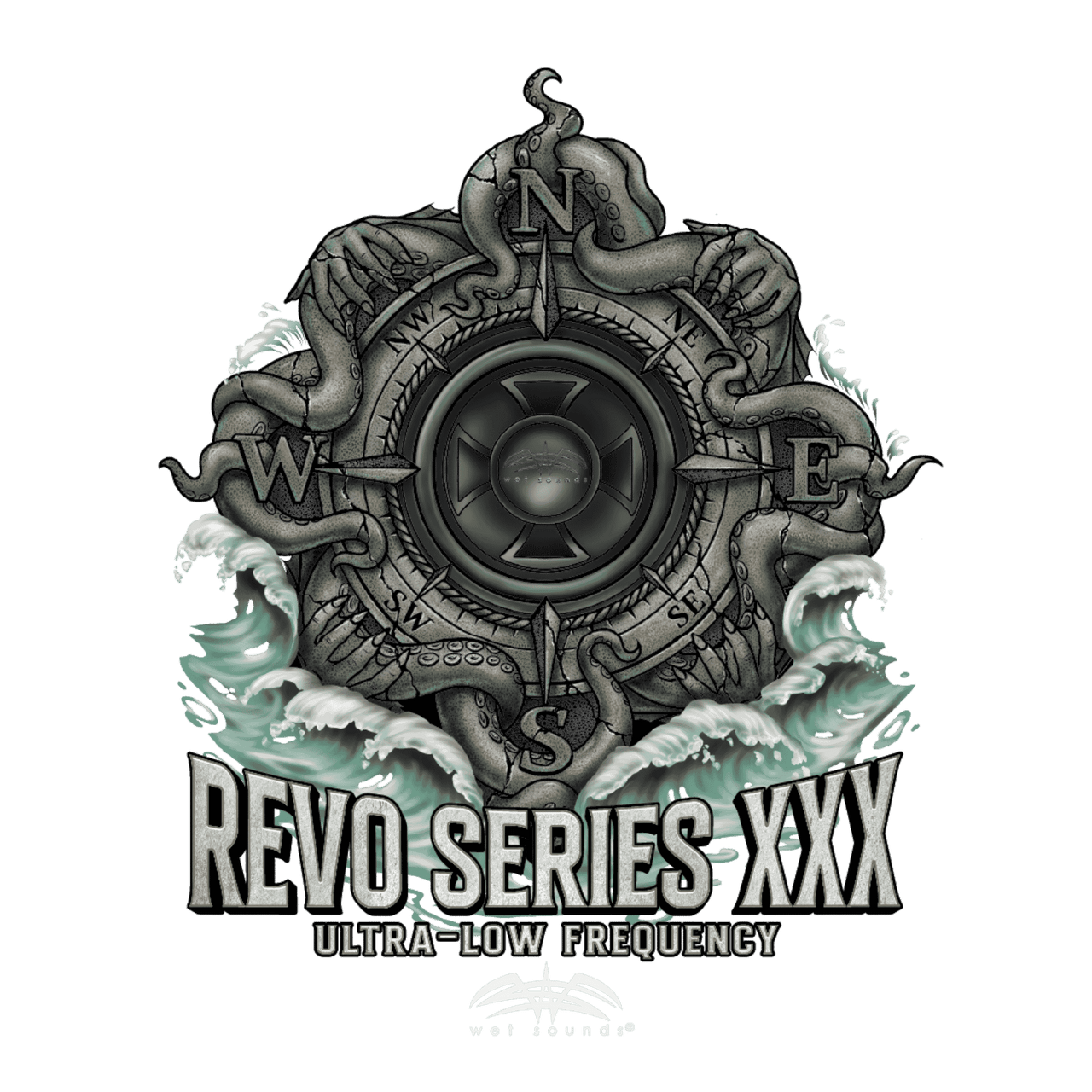 Close-up of Wet Sounds REVO XXX inspired mythological back graphic on gray fishing hoodie