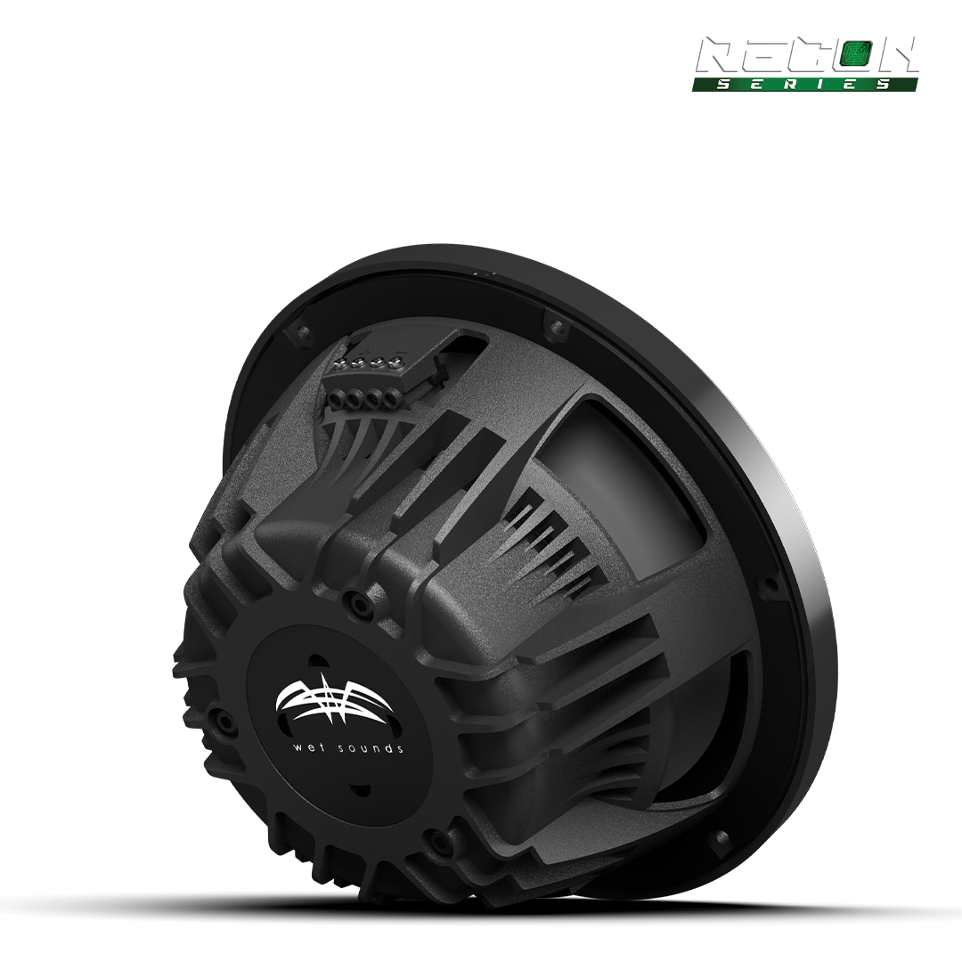 Close-up of RECON 10 FA 4Ω subwoofer with composite cone and black grille detail