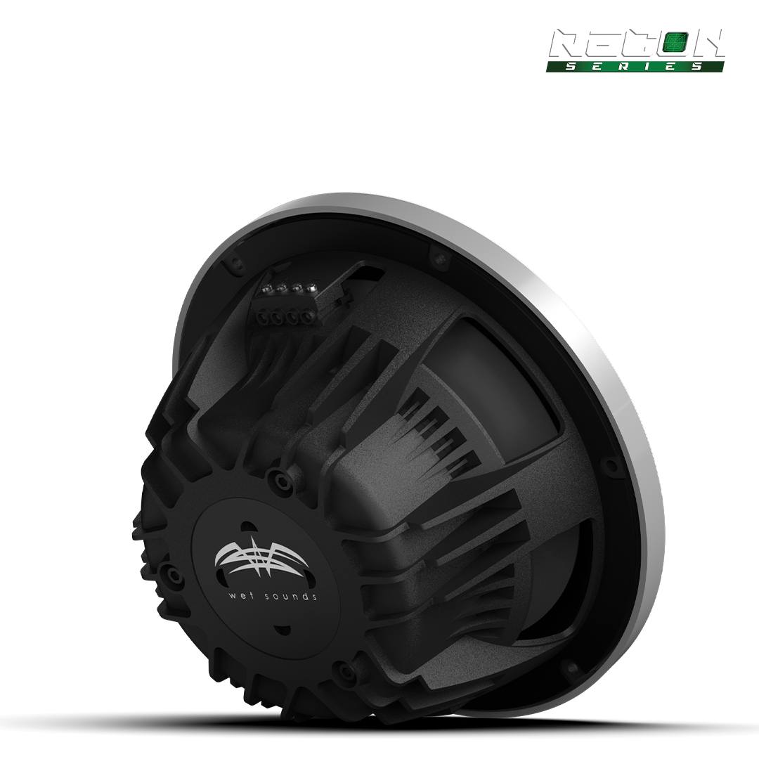Close-up of RECON 10 FA subwoofer with composite cone and silver grille detail