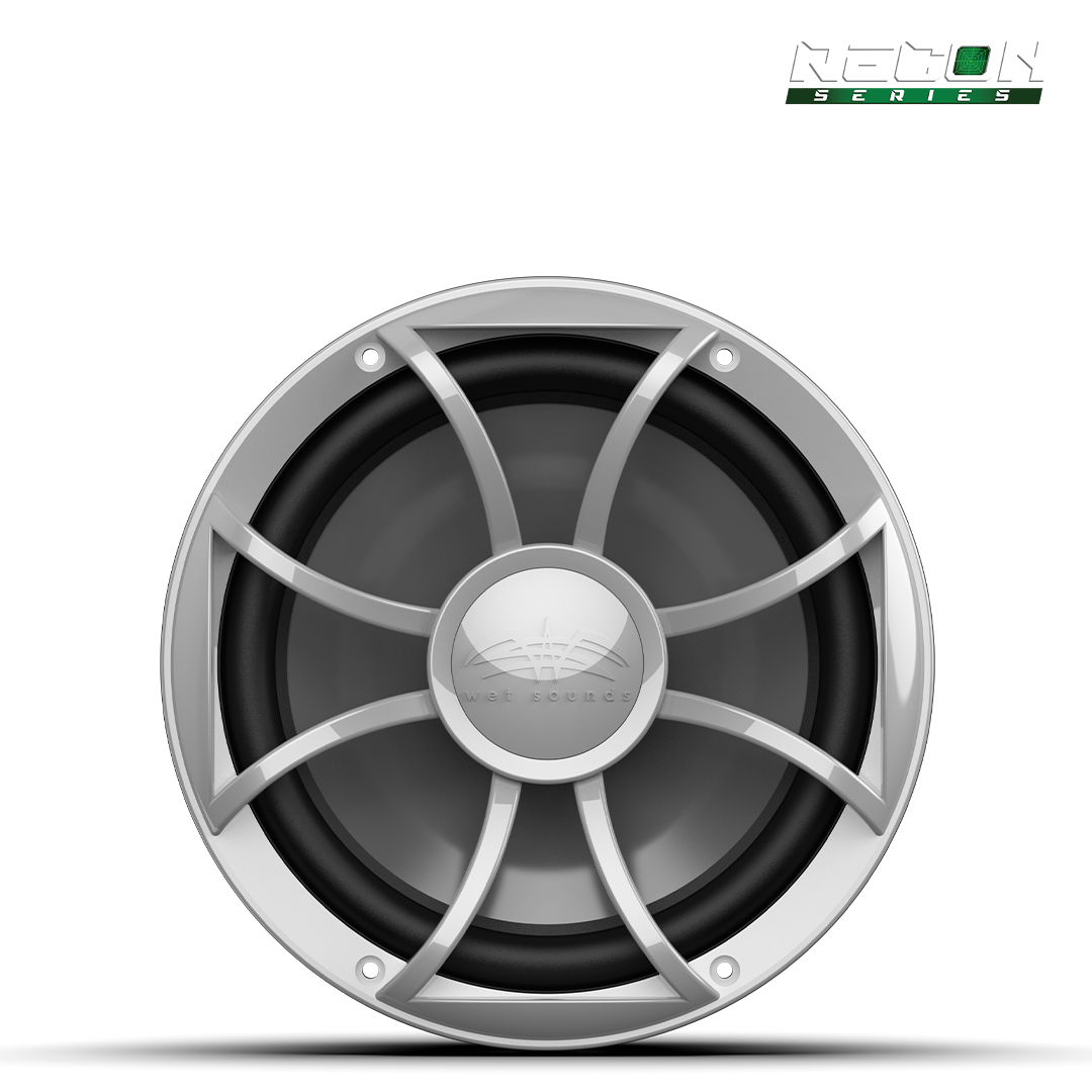 RECON 10 FA subwoofer front view showing 10 inch cone and silver grille design