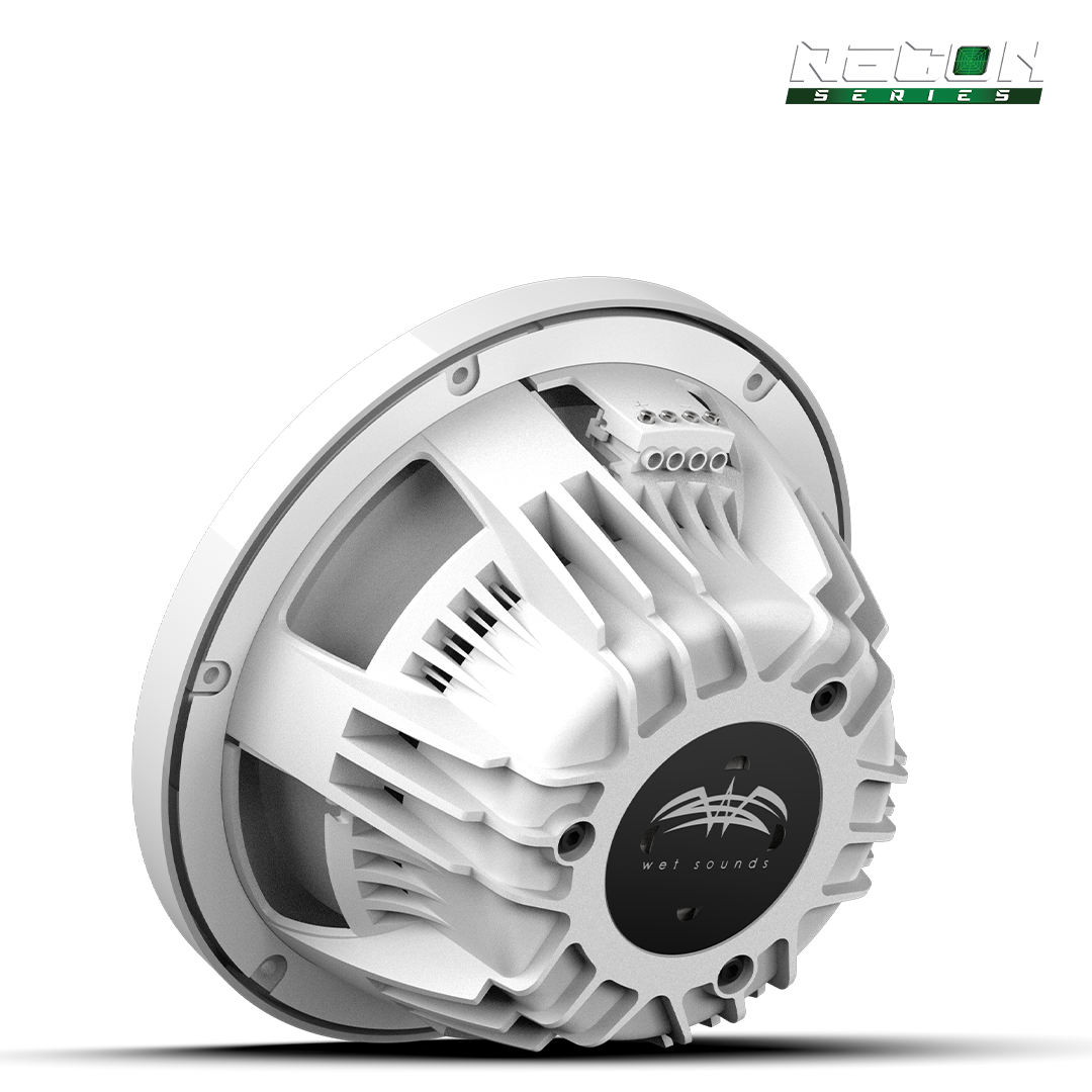 Wet Sounds RECON 10 white subwoofer installed under boat seat for deep bass