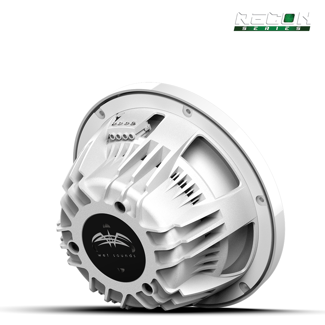 Close-up of RECON 10 FA white subwoofer with composite cone and durable frame
