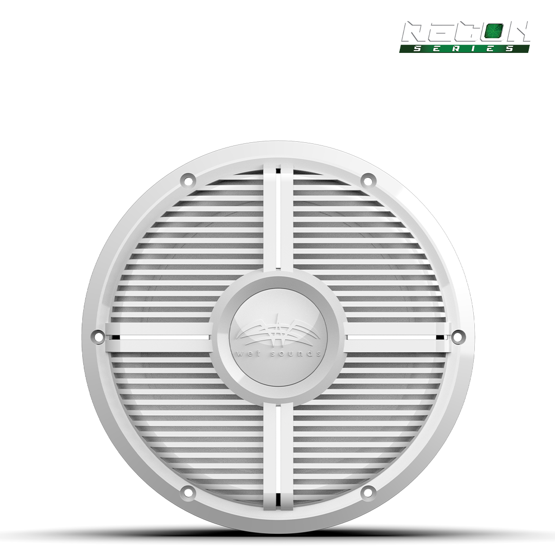 RECON 10 FA white subwoofer front view showing 10 inch cone and clean grille design