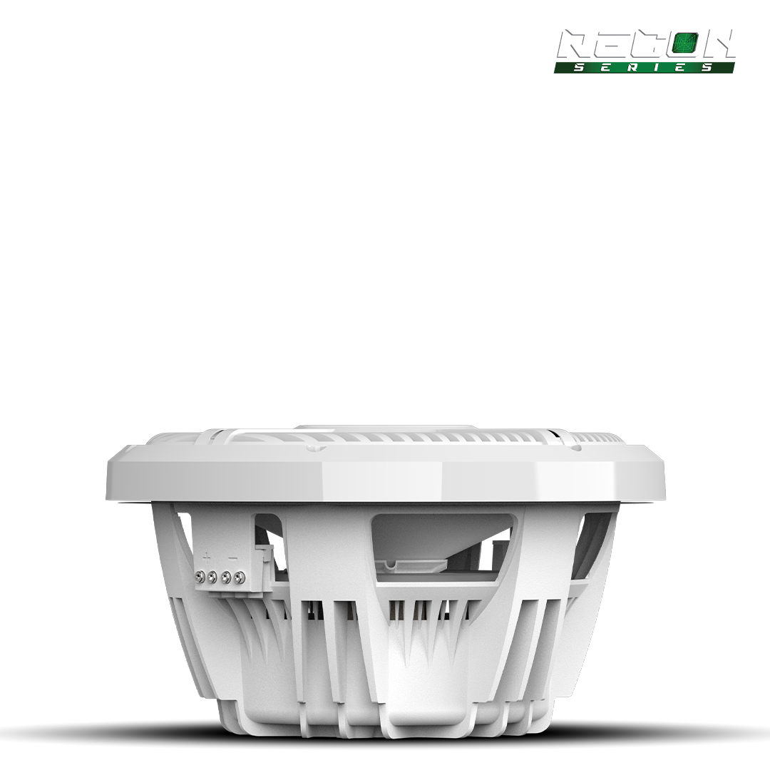 Powersports audio upgrade featuring RECON 10 free air white subwoofer in boat interior