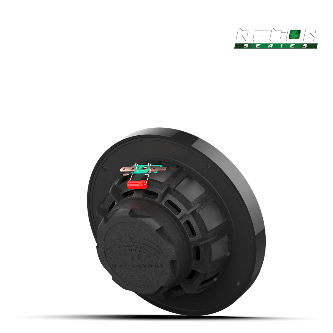 Angled view of RECON 6 marine speaker showcasing XS-Black grille design