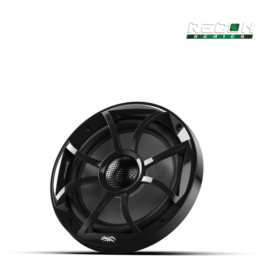 Close-up of RECON 6 speaker featuring XS-Black grille and aluminum dome tweeter