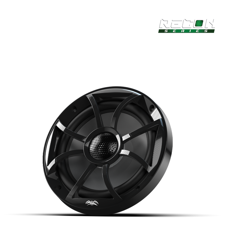 Close-up of RECON 6 speaker featuring XS-Black grille and aluminum dome tweeter