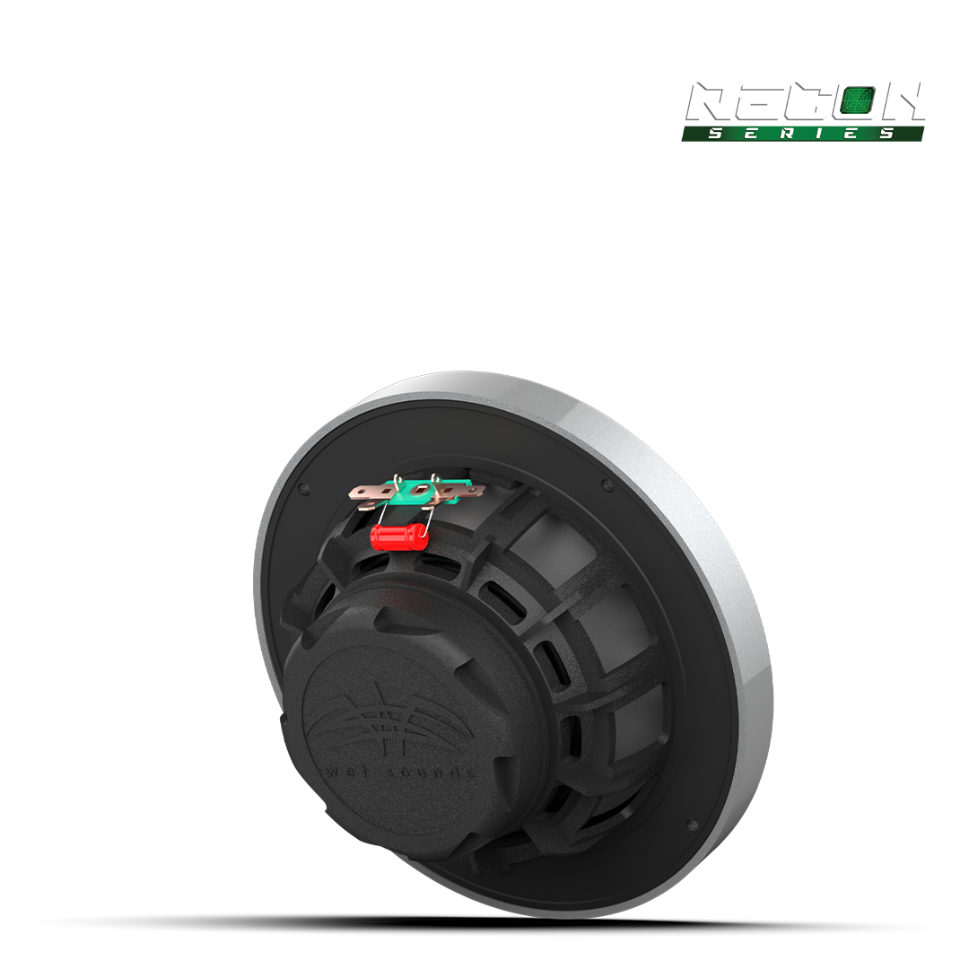 Angled view of RECON 6 marine speaker showcasing XS-Silver grille design