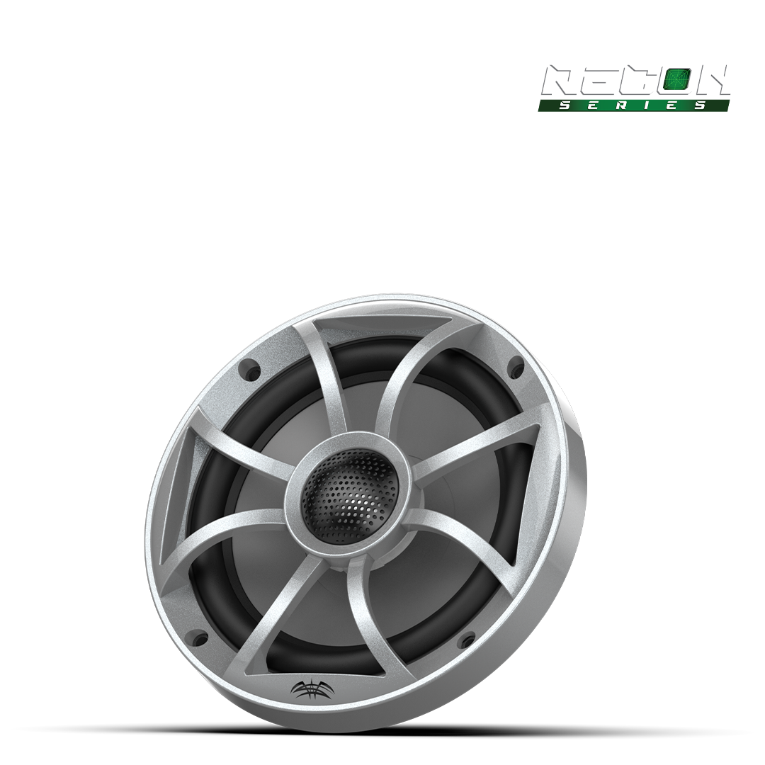 Close-up of RECON 6 speaker featuring XS-Silver grille and aluminum dome tweeter