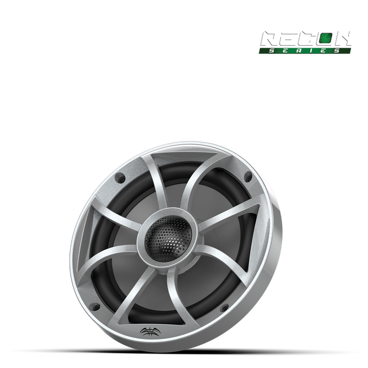 Close-up of RECON 6 speaker featuring XS-Silver grille and aluminum dome tweeter
