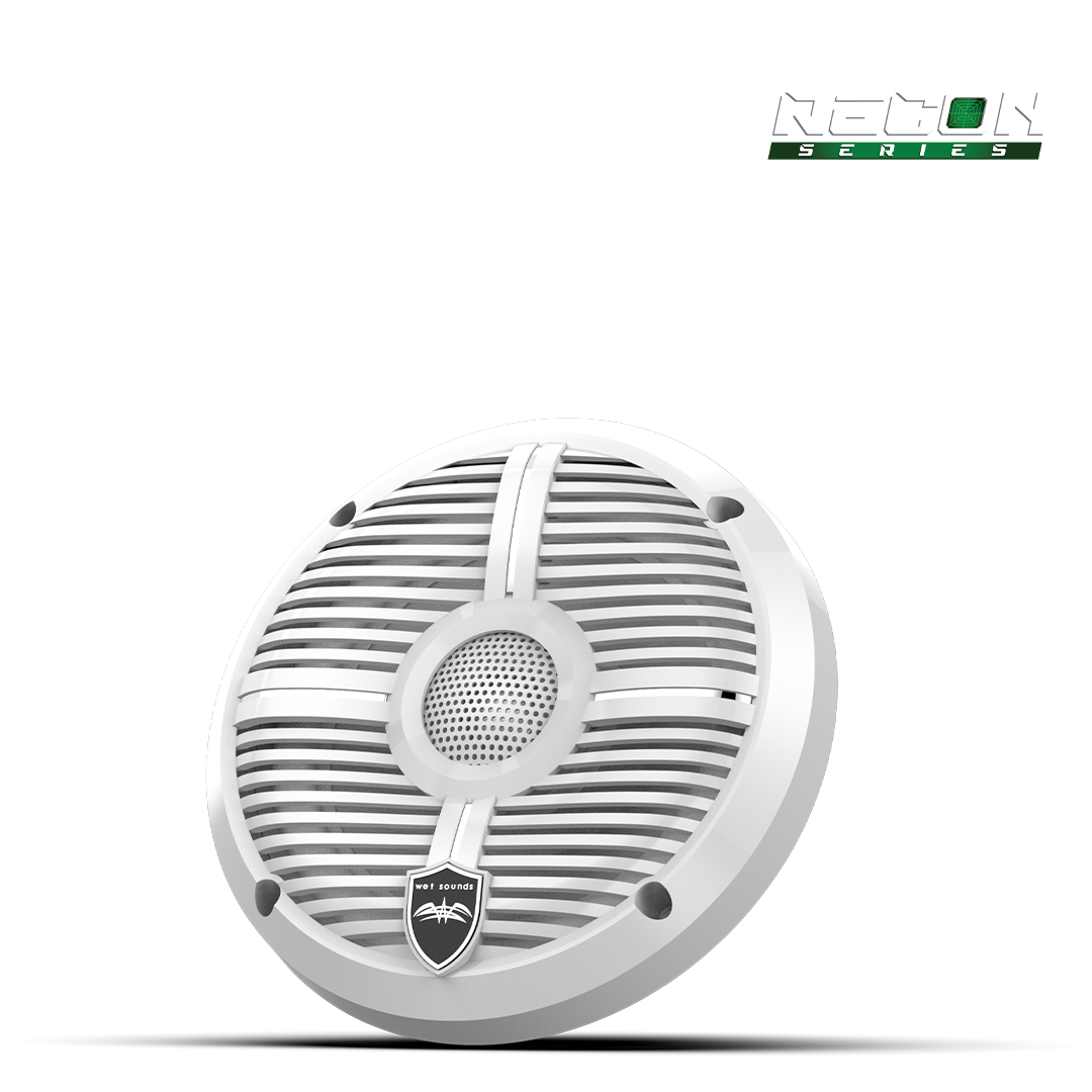 Close-up of RECON 6 speaker featuring XW-White grille design and aluminum dome tweeter
