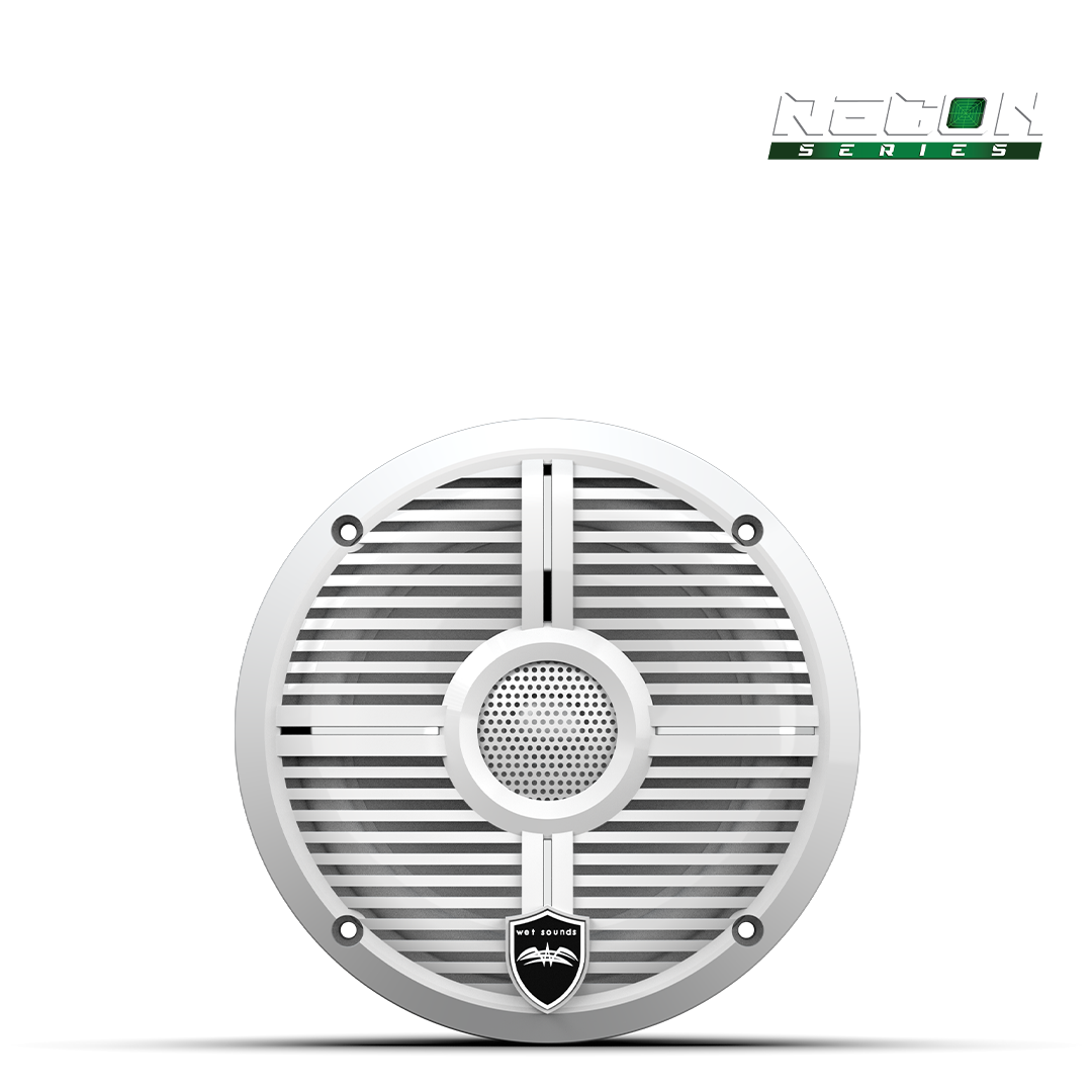 Wet Sounds RECON 6 with white grille installed in marine audio setup