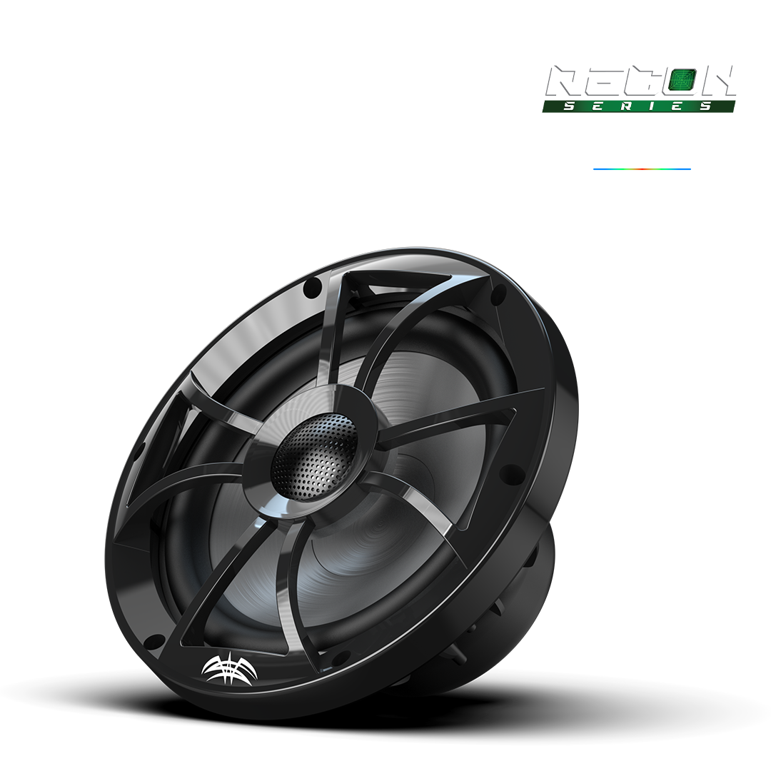 RECON 8 black 8 inch coaxial speaker front view with illuminated RGB grille