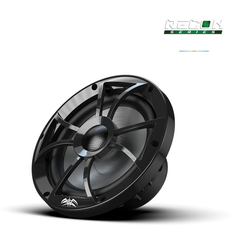RECON 8 black 8 inch coaxial speaker front view with illuminated RGB grille