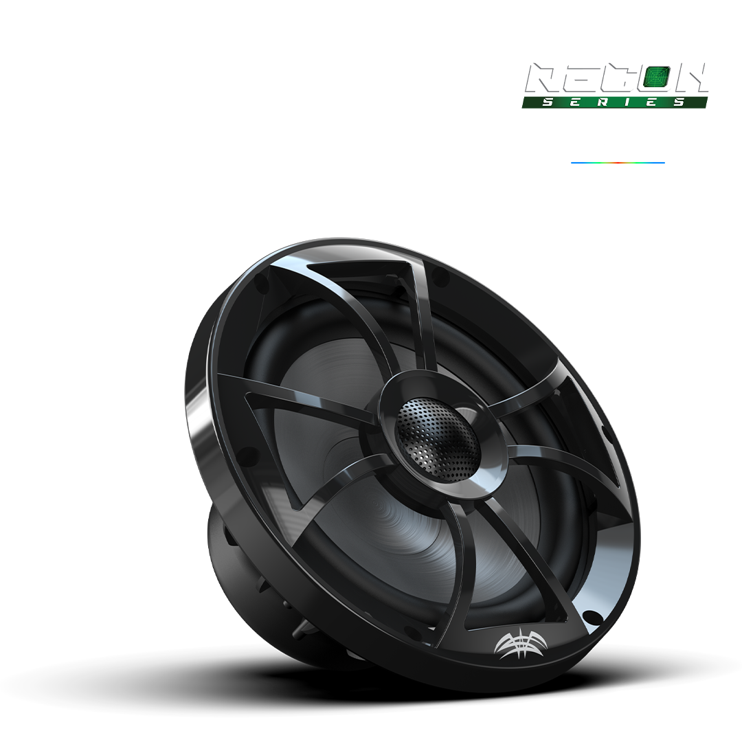 Close-up of RECON 8 XS-Black speaker showing composite cone and aluminum tweeter