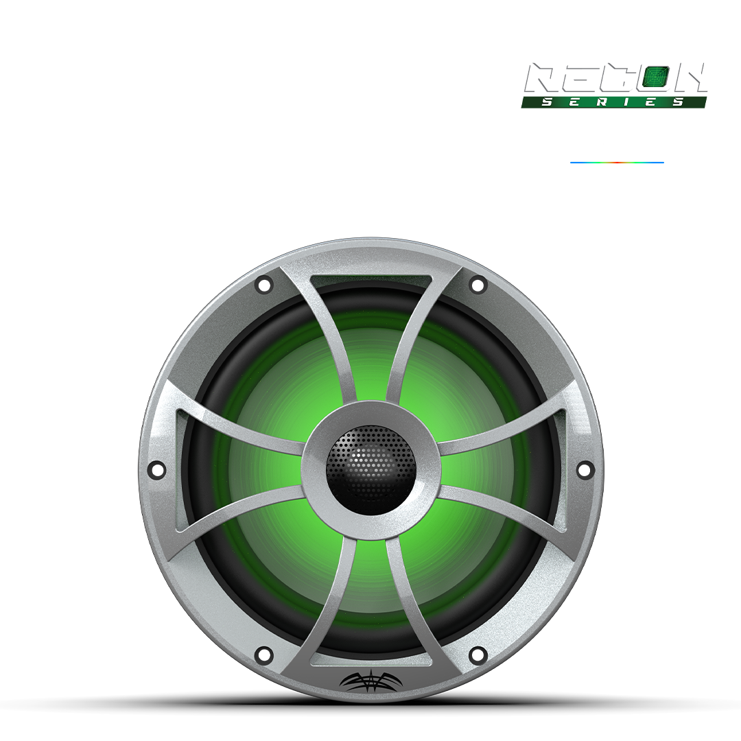 Marine RGB speaker RECON 8 installed in boat with customizable color lighting