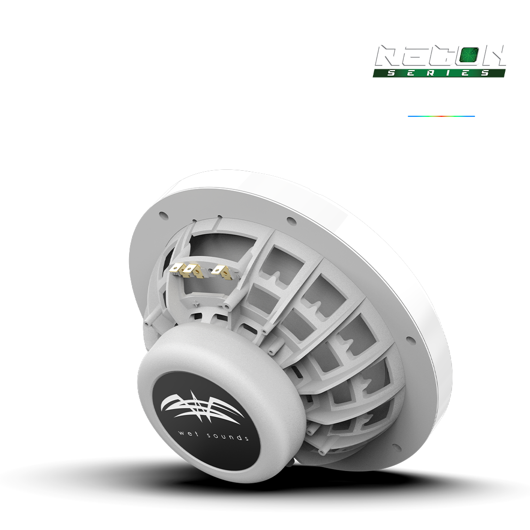 Marine RGB speaker in white RECON 8 installed in boat interior with color lighting