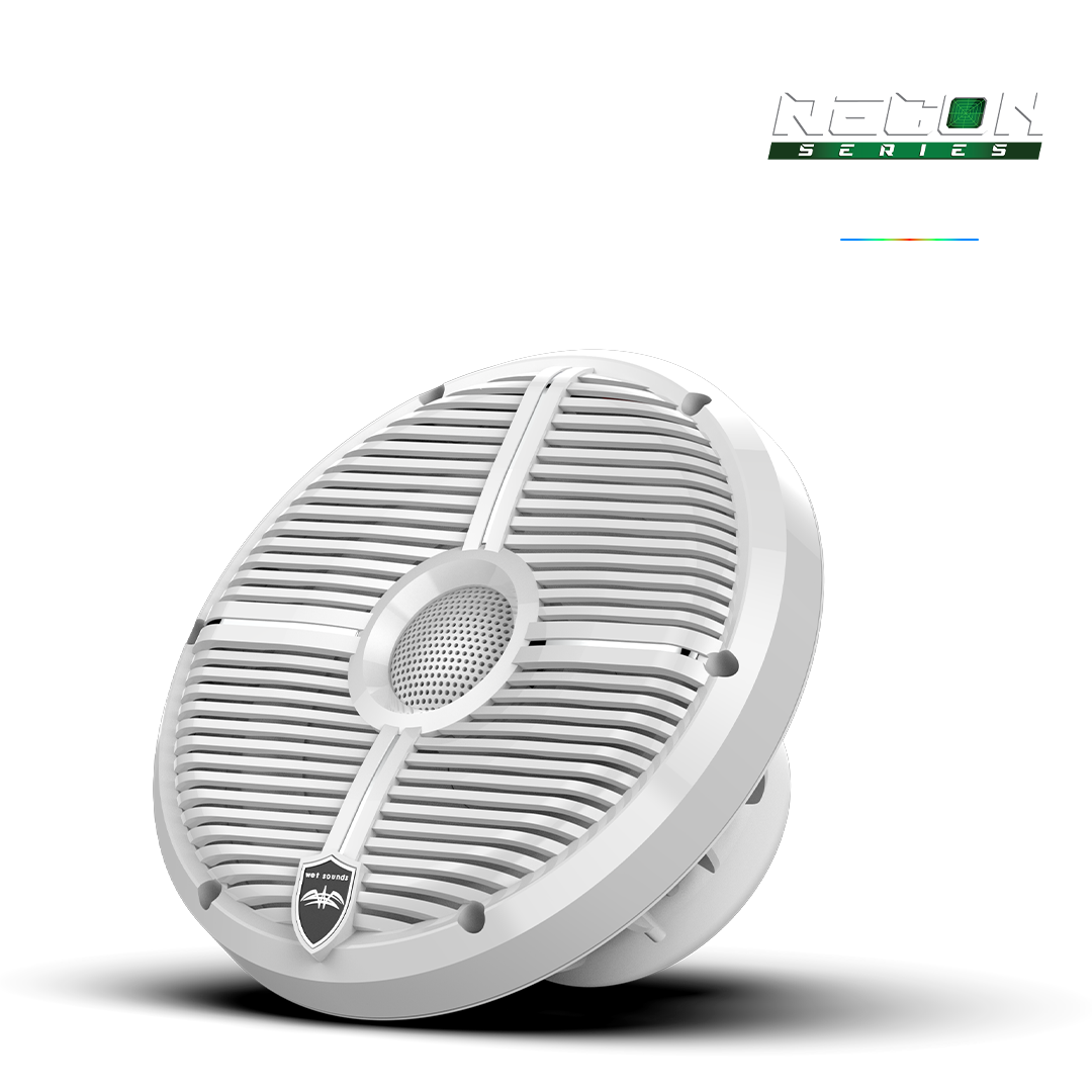 RECON 8 white 8 inch coaxial speaker front view with XS-RGB illuminated grille