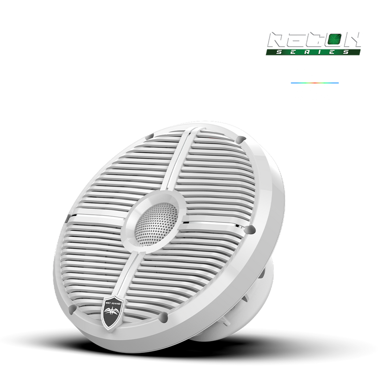 RECON 8 white 8 inch coaxial speaker front view with XS-RGB illuminated grille