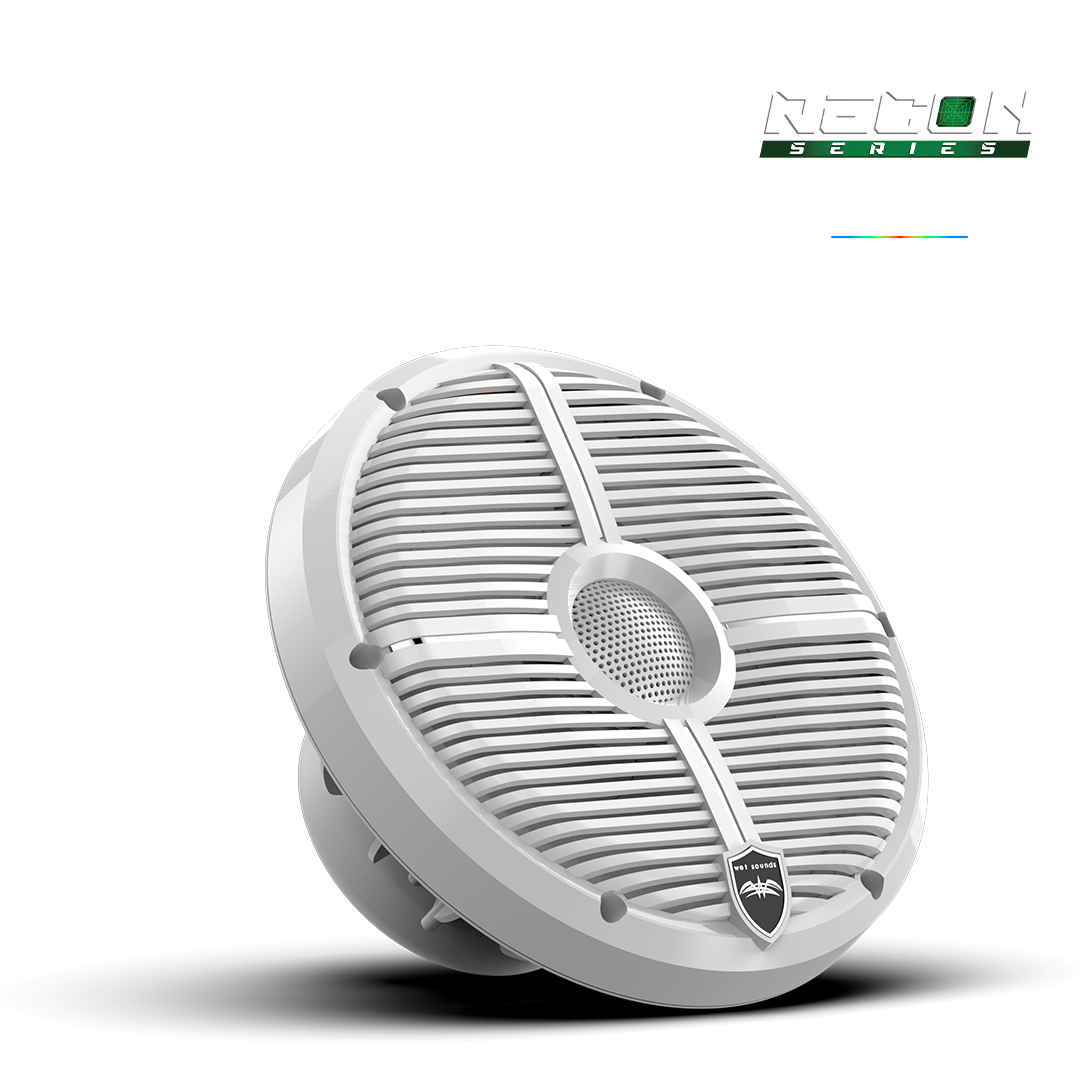 Close-up of RECON 8 XW-White speaker showing composite cone and aluminum tweeter