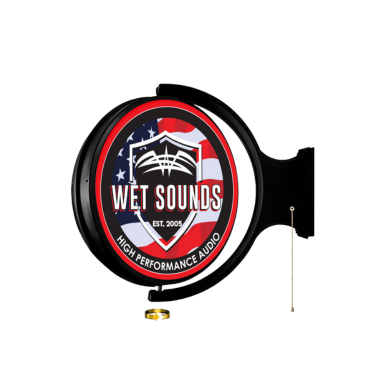 Wet Sounds Rotating Pub Sign – double-sided wall-mounted logo sign with 360-degree motorized rotation, perfect for garage or man cave decor.