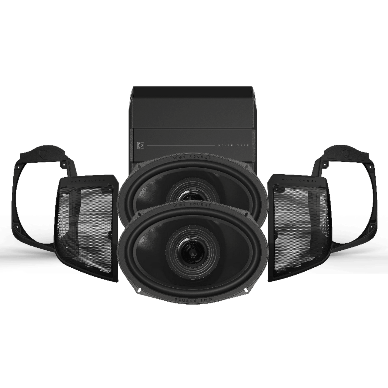 Wet Sounds Harley-Davidson saddlebag speaker kit with rear motorcycle speakers, amplifier, wiring harness, and mounting hardware for touring models.