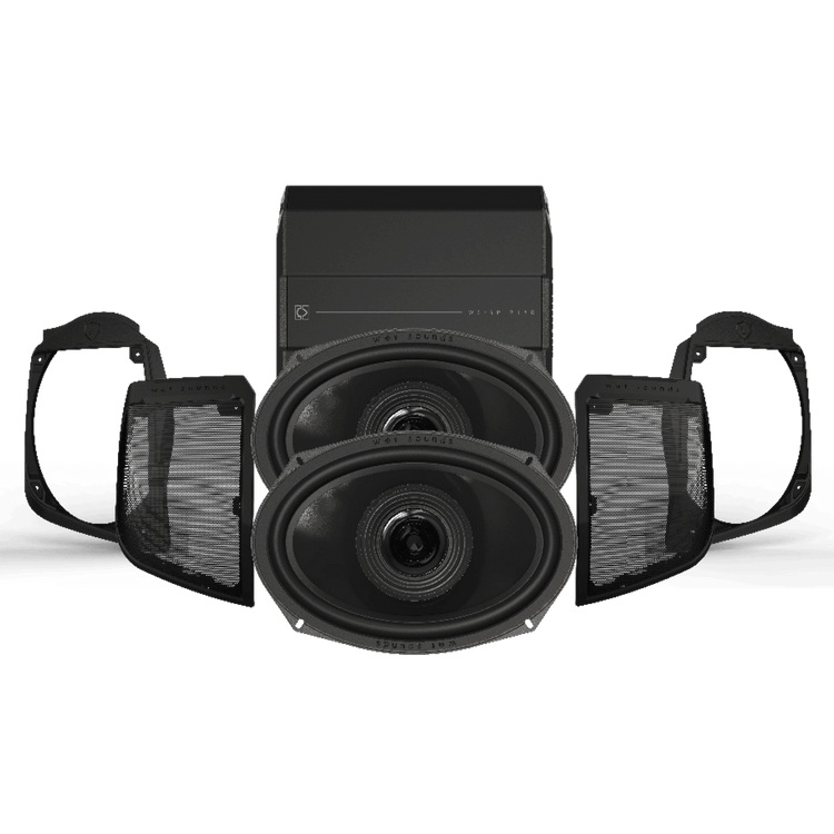 Wet Sounds Harley-Davidson saddlebag speaker kit with rear motorcycle speakers, amplifier, wiring harness, and mounting hardware for touring models.