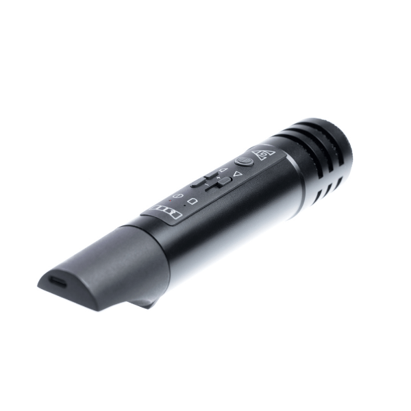 Close-up of Valerie Mk2 SKAA microphone with mute and unmute control for multiple connected speakers