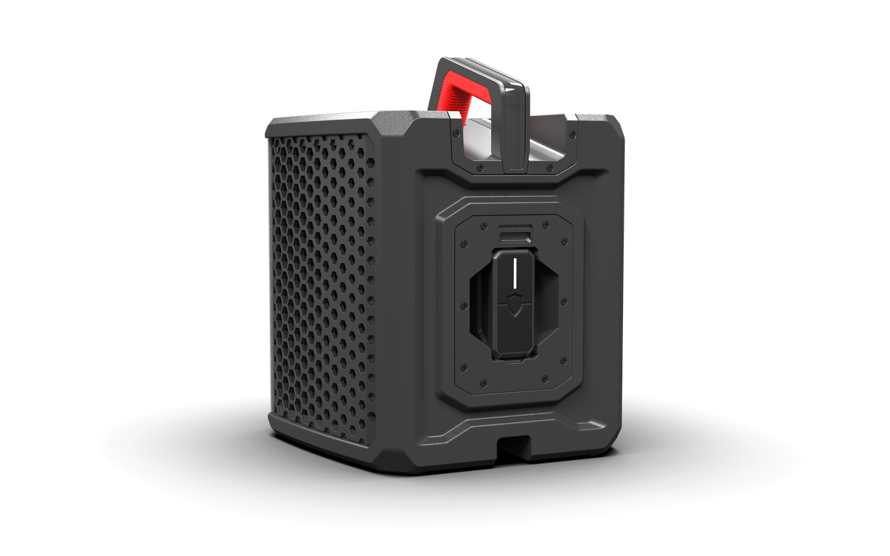 Wet Sounds WS-L portable speaker – rugged, weatherproof wireless speaker with LED lights and pro-level audio performance, perfect for outdoor and marine use, facing back left.