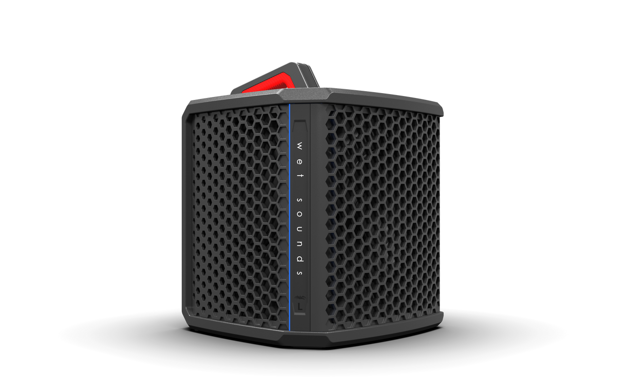Wet Sounds WS-L portable speaker  – rugged, weatherproof wireless speaker with LED lights and pro-level audio performance, perfect for outdoor and marine use, facing right.
