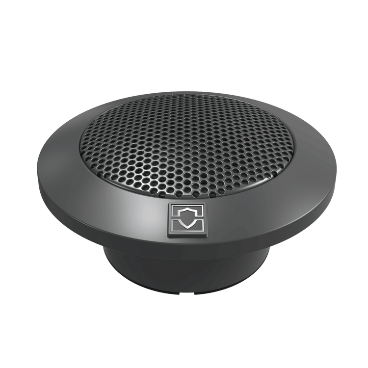 Close-up of WS-TW-100 surface-mount tweeter with snap-lock design installed in marine audio system for crisp highs and durable outdoor performance