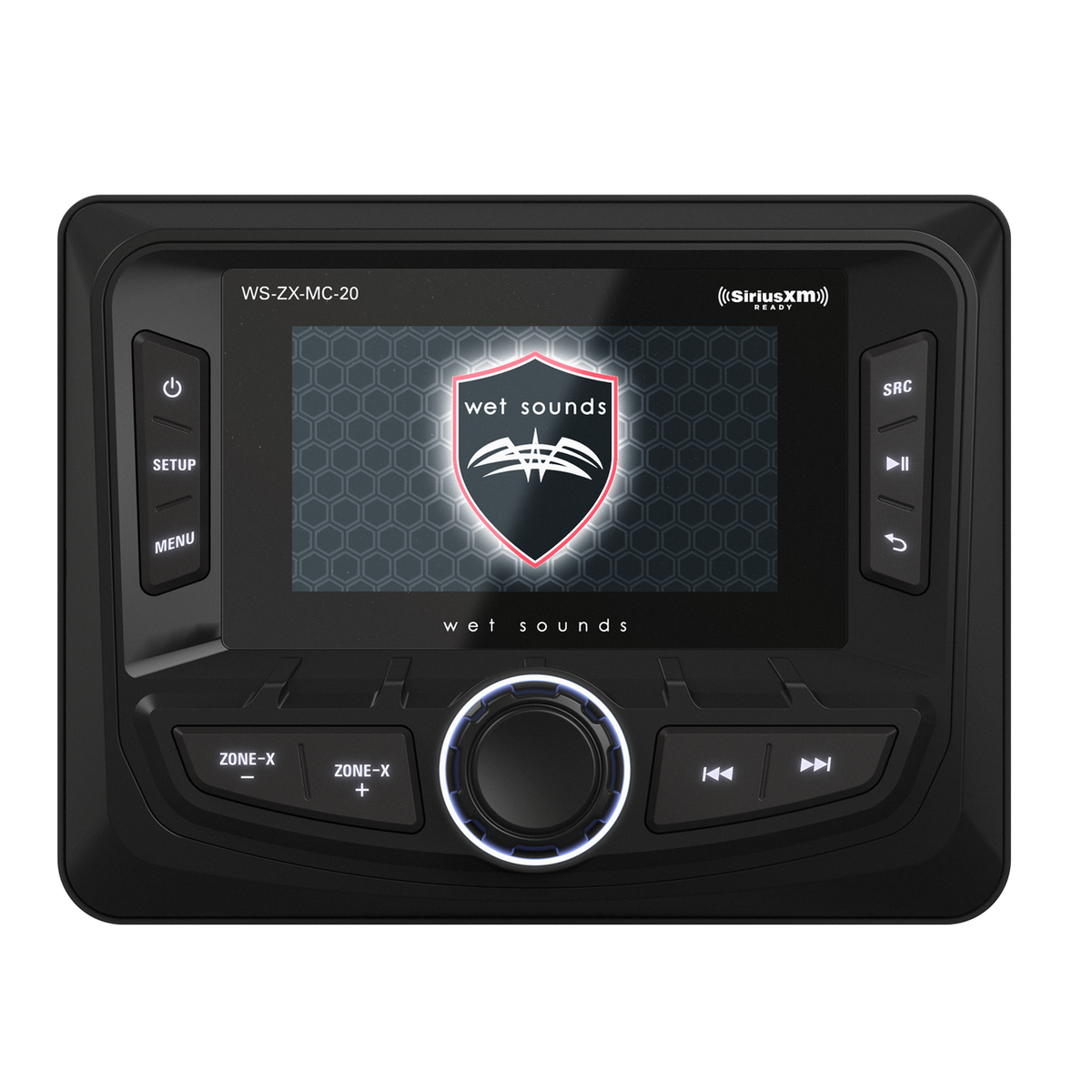 Wet Sounds WS-ZX-MC-20 marine stereo angled front view highlighting 3-zone control and TFT display - Front Perspective