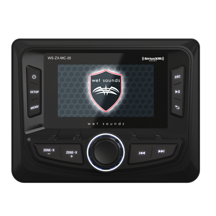 Wet Sounds WS-ZX-MC-20 marine stereo angled front view highlighting 3-zone control and TFT display - Front Perspective