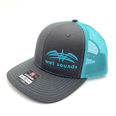 CAP-R-CHNB-SNAP | Richardson Trucker Cap Charcoal Neon Blue with Neon Blue Offset Wet Sounds Logo