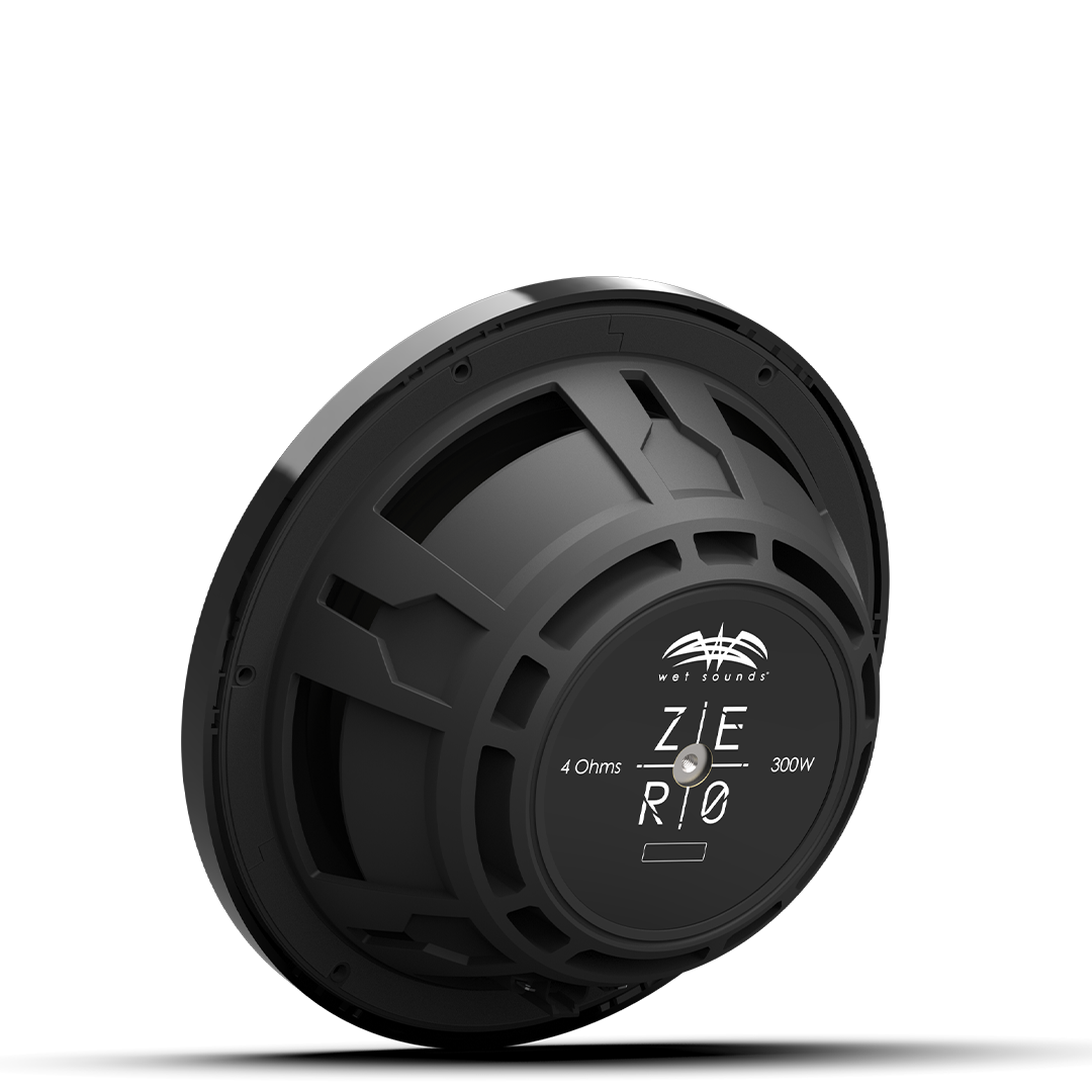 Close-up of ZERO 10 4Ω subwoofer with composite cone and black XZ grille detail
