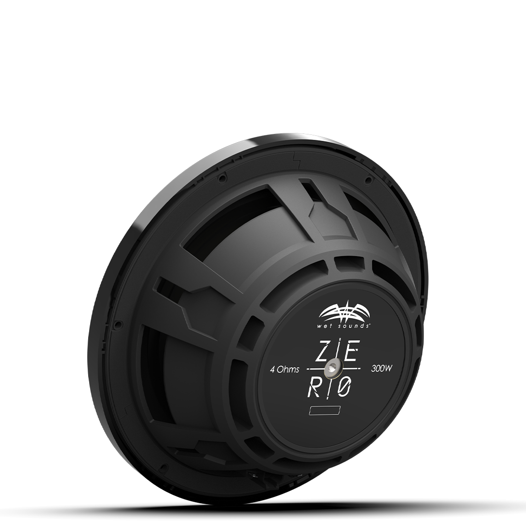 Close-up of ZERO 10 2Ω subwoofer with composite cone and black XZ grille detail