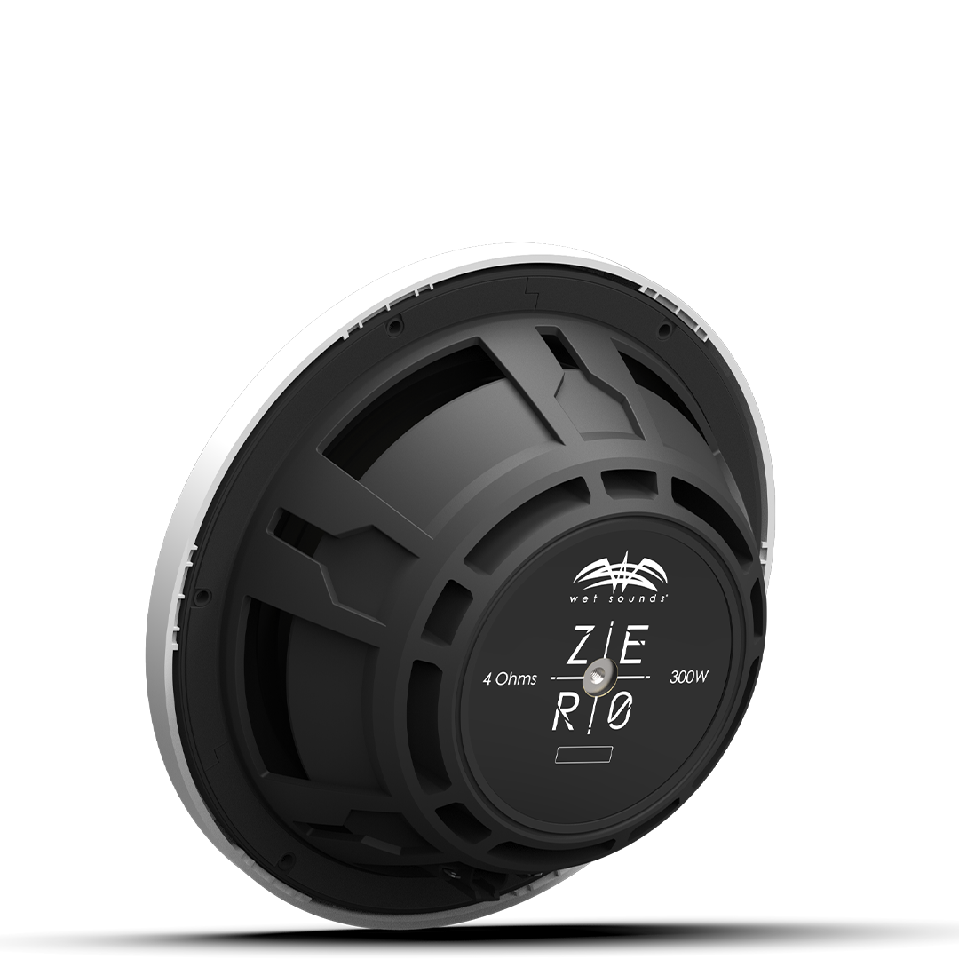 Close-up of ZERO 10 4Ω subwoofer with composite cone and white XZ grille detail