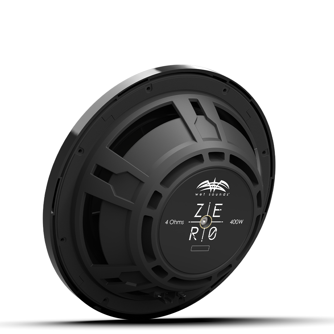 Close-up of ZERO 12 4Ω subwoofer with composite cone and black XZ grille detail