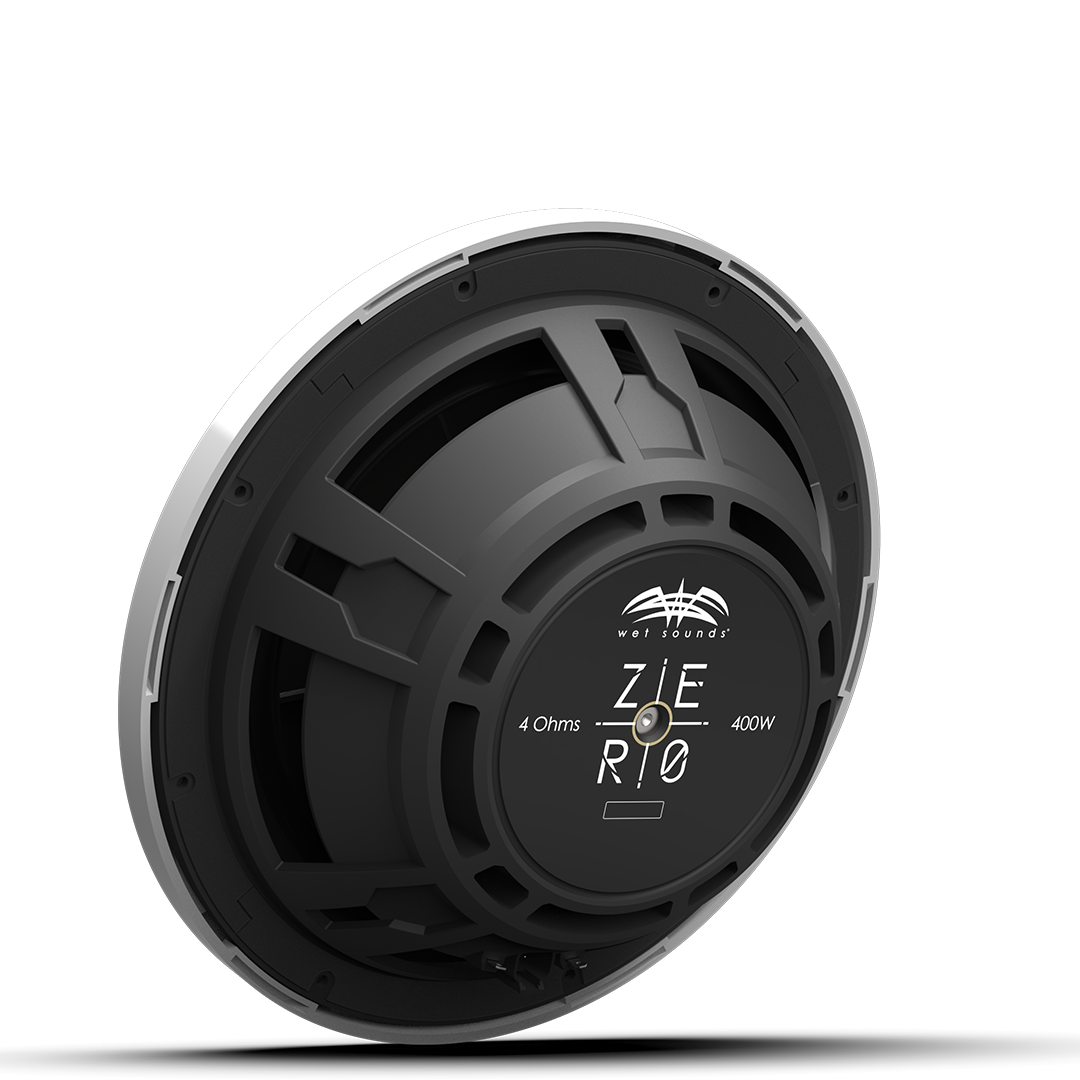 Close-up of ZERO 12 2Ω subwoofer with composite cone and white XZ grille detail
