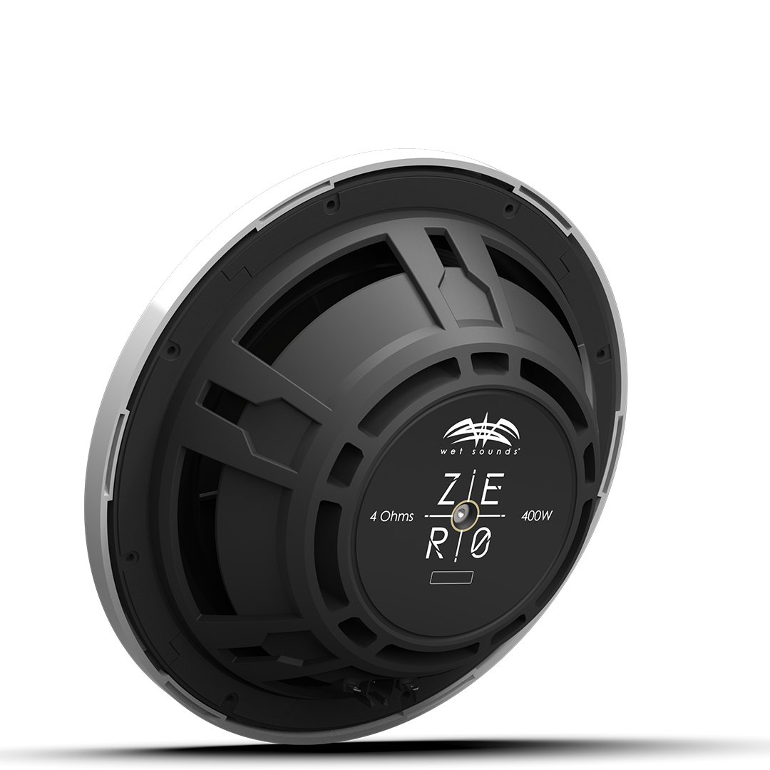 Close-up of ZERO 12 4Ω subwoofer with composite cone and white XZ grille detail