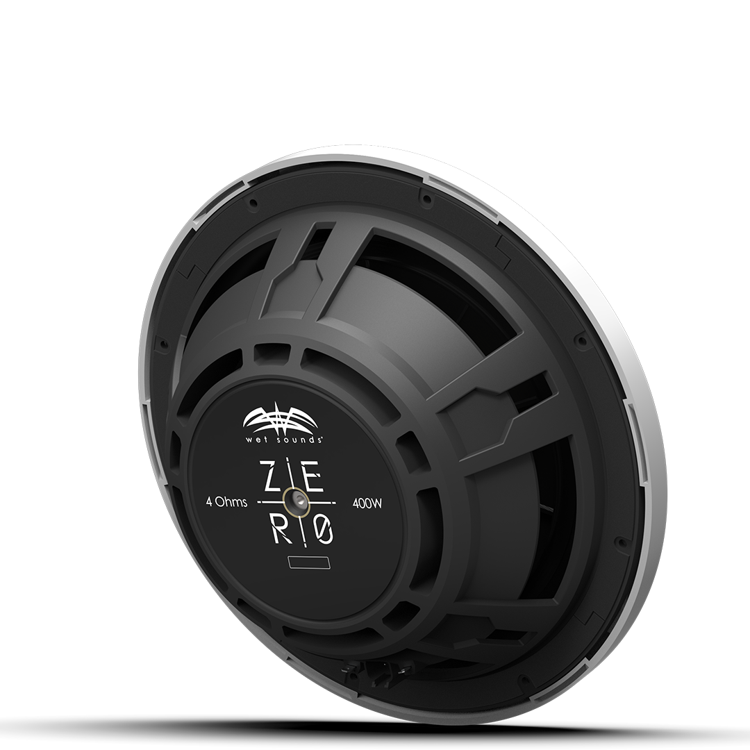 Marine audio upgrade featuring ZERO 12 4Ω subwoofer installed in boat enclosure in white