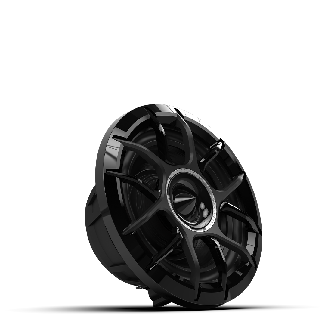 Close up of ZERO 6.5 black speaker with composite cone and horn tweeter