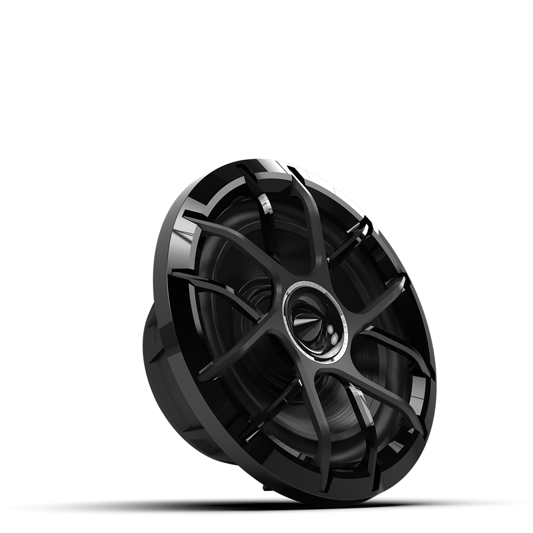 Close up of ZERO 8 black speaker with composite cone and horn tweeter
