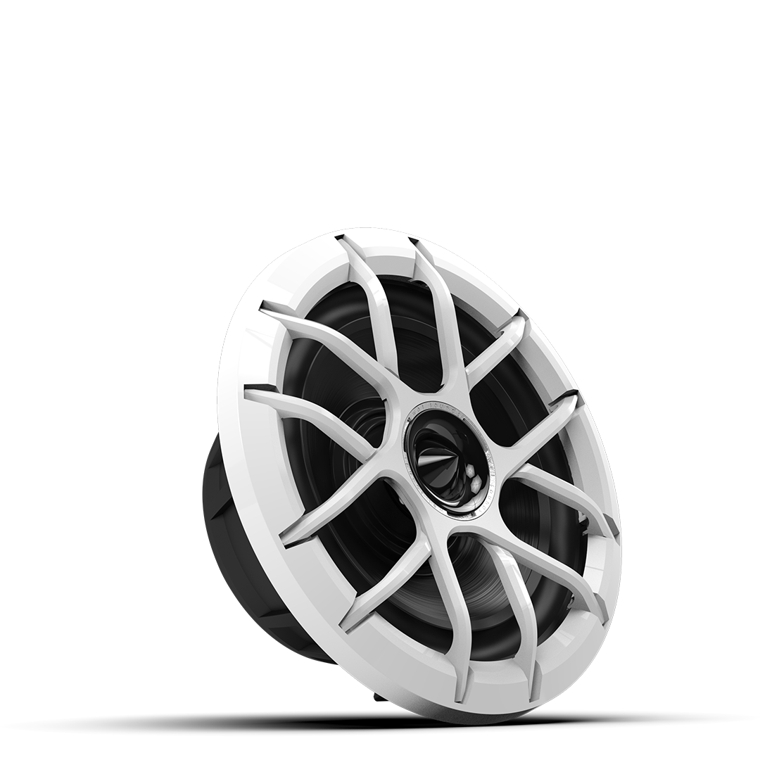 Close up of ZERO 8 white speaker with composite cone and horn tweeter